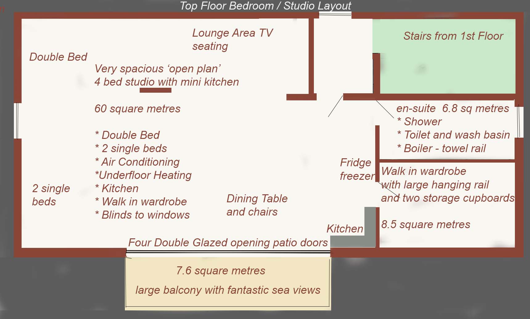 Top floor studio with bedroom areas , living space and a kitchen.